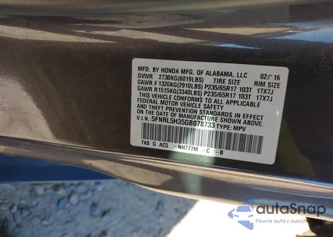 2016 Honda Odyssey Se from USA, damaged, VIN 5FNRL5H35GB078733